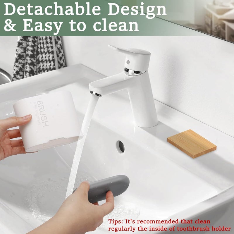 Chintu Toothbrush and Toothpaste Holder with Bamboo Divider for Bathroom Countertop Organizer, Detachable for Easy Clean, 2 Slots Electric Toothbrush Holders Storage Caddy Drainage for Family-White - Image 3